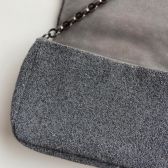 VINTAGE MAX MARA MADE IN ITALY METALLIC EVENING BAG BEADED SILVER GUN METAL - Picture 6 of 12